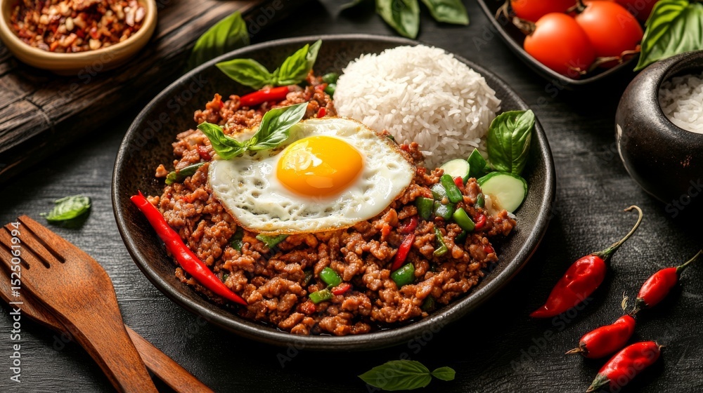 Poster a vibrant display of pad kra pao, featuring minced meat stir-fried with holy basil and chilies, serv