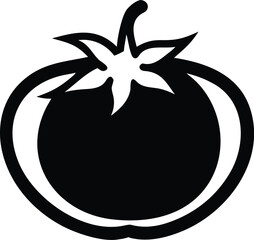 Black and White Illustration of a Ripe Tomato with Leaves and Stem Design