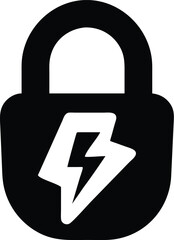 Black and White Icon Padlock with Lightning Bolt, Security, Energy, Protection