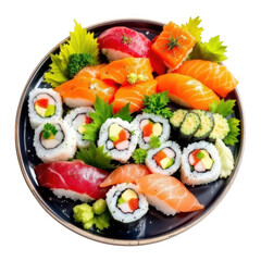 Sushi Platter Delight: An artfully arranged assortment of sushi, featuring fresh salmon nigiri, vibrant tuna slices, and colorful maki rolls, promises a delectable culinary journey.