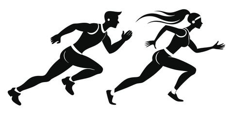 Silhouette Illustration of a Man and Woman Running in Athletic Wear on White