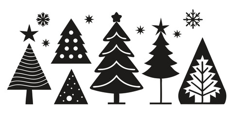 Black and White Christmas Trees with Stars and Snowflakes Silhouettes Illustration on White Background