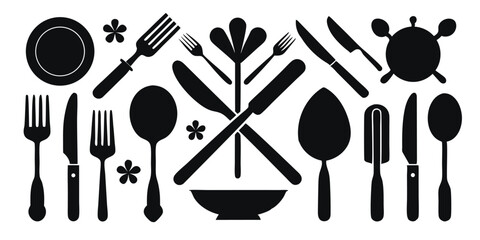 Black and White of Cutlery, Plate, Bowl, and Floral Accents Illustration
