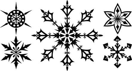 Black and White Featuring Five Distinct Snowflake Designs on a White Background