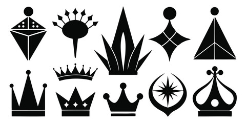 Black and White Featuring Assorted Abstract Shapes and Crown Designs on White Background