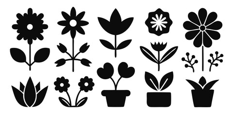 Black Silhouette Set Featuring Various Flowers and Potted Plants on White Background
