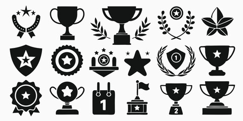 Collection of Black Silhouette Award Icons Trophies, Stars, Shields, Ribbons, and Wreaths on a White Background