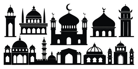 Collection of Black Silhouette Mosque and Minaret Illustrations with Crescent Moon on White Background