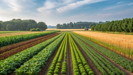 Vast agricultural fields with rows of crops under a clear sky, showcasing a lush, green landscape bordered by trees.