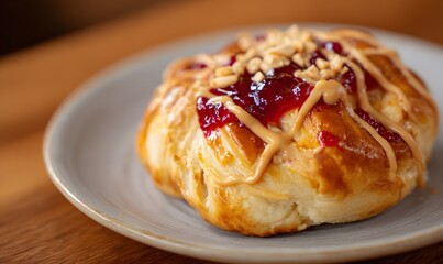 the "Peanut Butter" sweet bun, covered with drizzled peanut butter and red jam on top, Generative AI