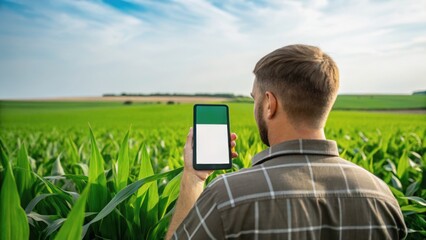 A person stands in a green field, holding a smartphone, likely engaging with agricultural technology or monitoring crops.
