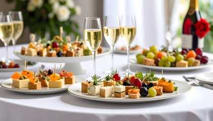 Elegant champagne reception with appetizers and fruit display