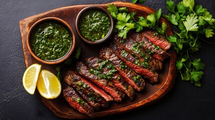 A vibrant image of a grilled flank steak served with chimichurri sauce, garnished with fresh herbs, showcasing the bold flavors of this South American dish