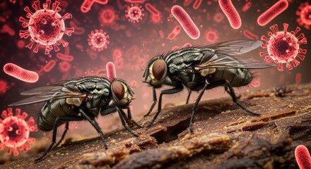 Fototapeta premium Two House Flies on Wood with Coronavirus and Bacteria Background