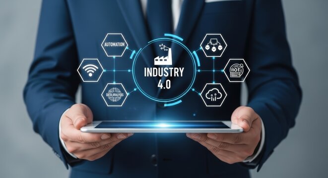 Industry 4 0 Revolution Digital Transformation Automation and IoT on Tablet