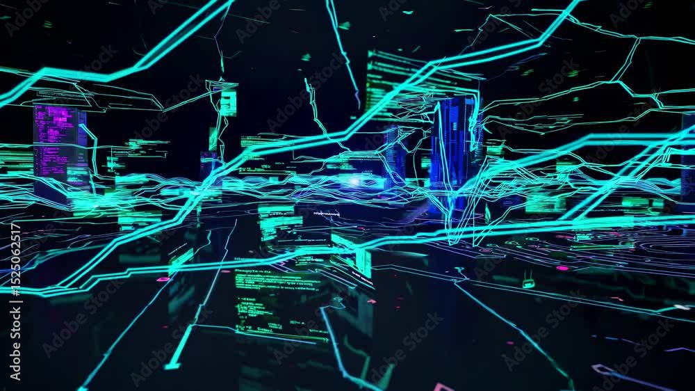 Fototapete Digital landscape featuring neon lines and data streams in a futuristic setting