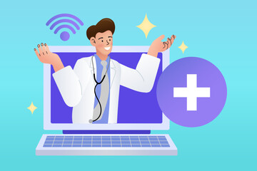 An online medical professional provides a remote consultation through a computer screen. This telehealth illustration is perfect for a healthcare app, a virtual clinic, or a doctor video call.