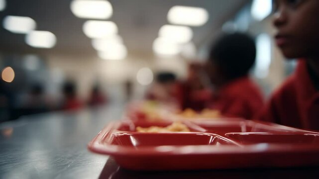 Kids enjoying meal in school cafeteria during lunchtime with red trays and focused conversations