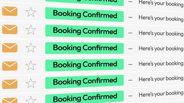 Online booking confirmation email notifications scrolling on the screen close up, 4k animation. Hotel reservation, booking confirmed