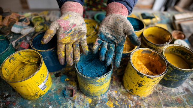 Close-up of paint-covered gloves above cans of yellow and blue paint, showcasing the artist's hands and creative process.  Symbol of hard work and artistic creation.