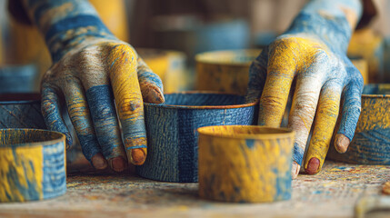 Close-up of paint-covered hands arranging small, cylindrical containers, showcasing artistic process and texture.  Symbol of creativity and craftsmanship.