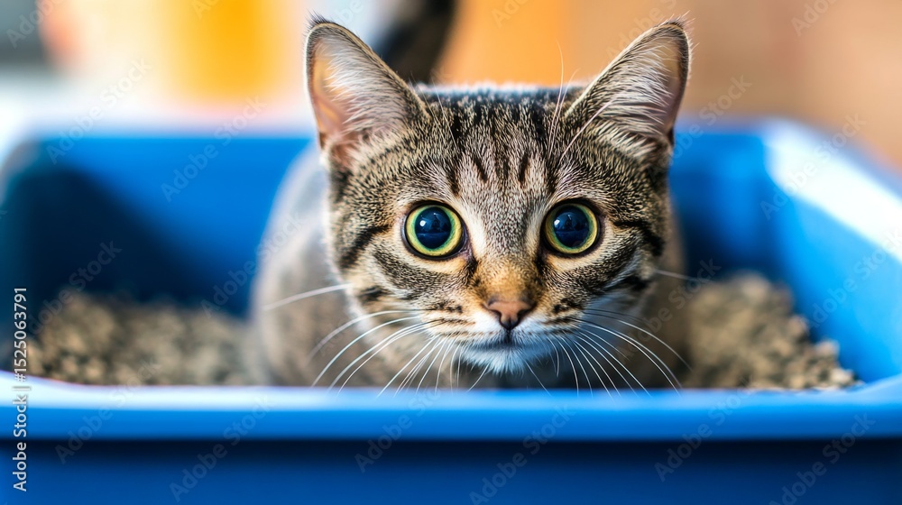Poster A whimsical image of a cat looking puzzled while inspecting its litter box, with curious expressions captured, evoking a sense of feline curiosity.