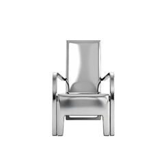Fototapeta premium Chrome Chair on White: A solitary chrome chair stands sleek and modern. Its mirrored surfaces reflect the surrounding, creating a minimalist and sophisticated visual effect.