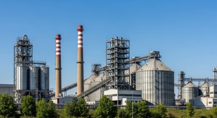 Obraz premium Industrial Plant Exterior Large Grain Silos Conveyors and Smokestacks under a Clear Blue Sky