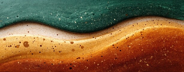 Abstract image shows an ocean wave washing onto tan and brown colored sand.