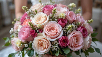 Pink roses and ranunculus bridal bouquet