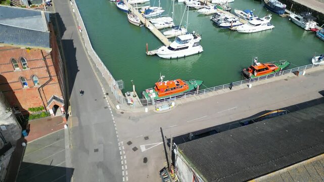 Aerial View of British Tourist Attraction at Ramsgate Sea View Beach and Ocean at West Cliffs, England UK