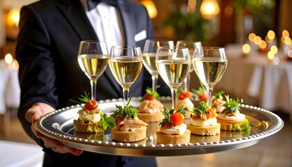 Elegant waiter serving wine and appetizers at a fancy event