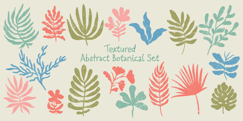 Vector set of abstract botanical illustrations with textured plants and foliage. Hand-drawn style. Perfect for posters, prints, packaging, branding, and modern interior design projects