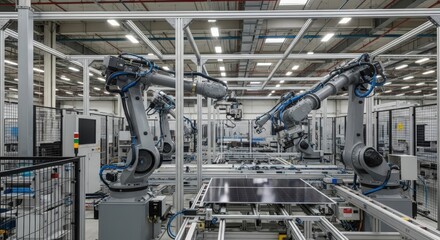 Fototapeta premium Automated Solar Panel Assembly Line Industrial Robots Manufacturing Renewable Energy Technology