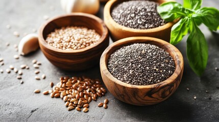 Close-up of chia and flax seeds in small wooden bowls, surrounded by raw ingredients, representing superfood grains for health