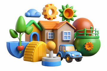 Obraz premium Vivid 3D illustration of toys and decorative elements creating a playful and creative atmosphere.
