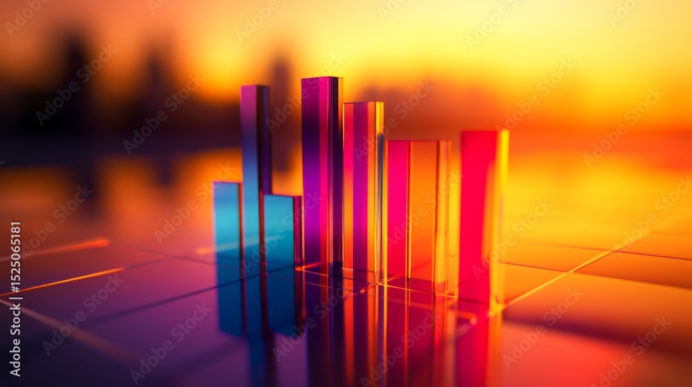 Fototapete Colorful D bar graph with tall, transparent bars on a reflective surface, casting shadows and illuminated by soft ambient lighting