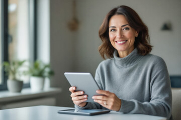 Fototapeta premium A smiling woman with brown hair and a gray sweater looks directly at the camera while holding a tablet in a bright, modern interior.