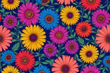 Naklejka premium Vibrant Colorful Flower Pattern on Dark Background