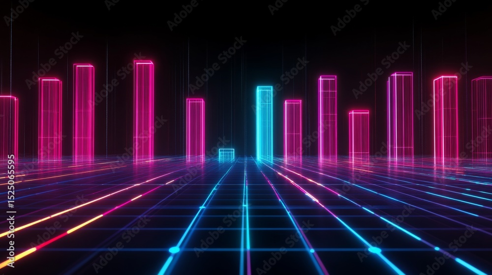 Aufkleber Dark-themed D bar chart with neon-colored bars and a digital grid base, capturing a futuristic data visualization aesthetic