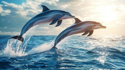 Fototapeta premium Dolphins leaping gracefully out of crystal-clear blue ocean water, creating splashes with sunlight reflecting off their sleek bodies