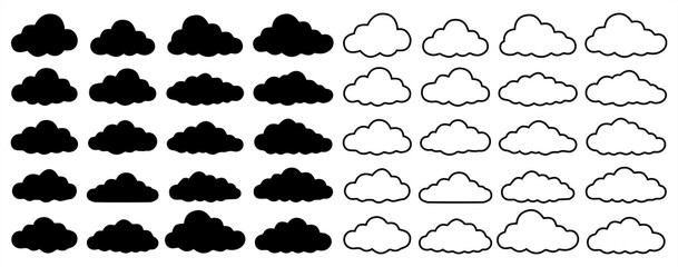 cloud icons set. Editable stroke thin line set. Natural weather symbol of rain, cloud services, hosting, silhouettes of clouds vector