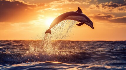 Dolphin arching gracefully in the air over a sparkling ocean with sunlight catching the splashes around it