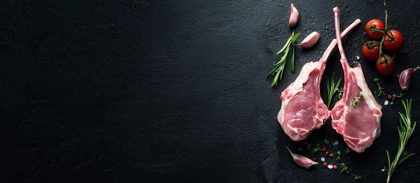 Top view of raw lamb chops and fresh mutton cutlets on ribs with a dark background offering ample copy space image