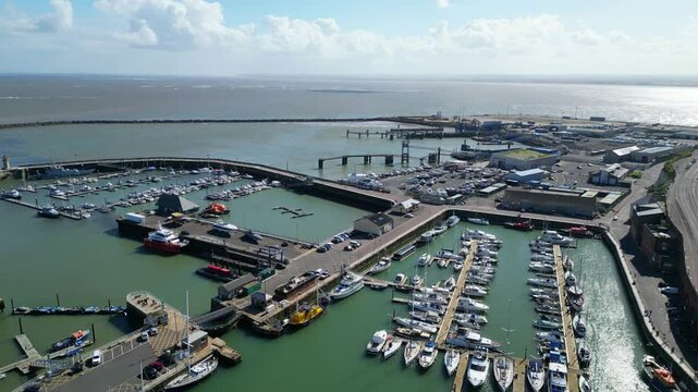 Aerial View of British Tourist Attraction at Ramsgate Sea View Beach and Ocean at West Cliffs, England UK