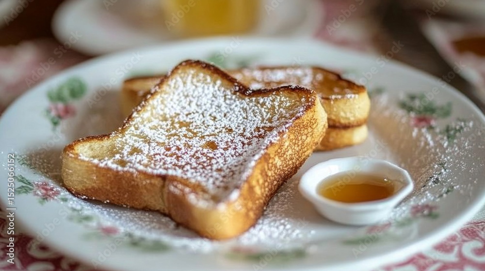 Poster fluffy cinnamon toast dusted with powdered sugar, with a small dish of honey on the side for a warm 