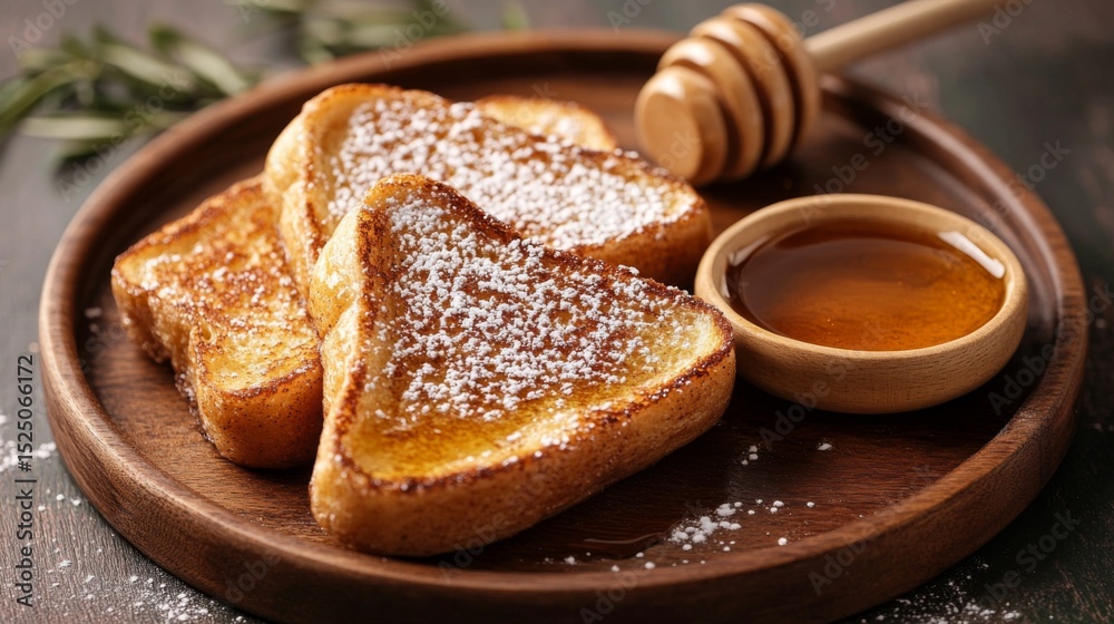 Poster fluffy cinnamon toast dusted with powdered sugar, with a small dish of honey on the side for a warm 