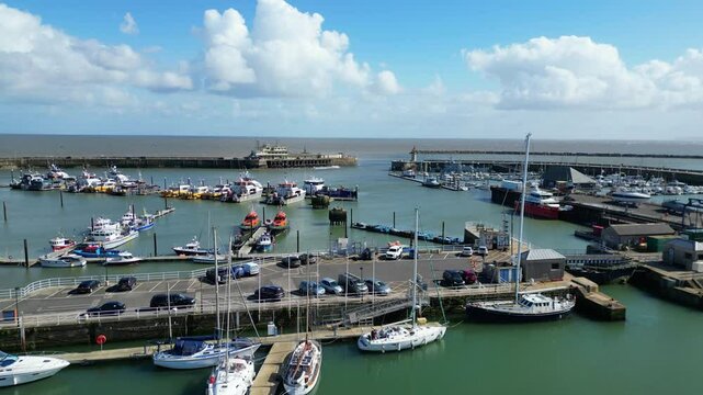 Aerial View of British Tourist Attraction at Ramsgate Sea View Beach and Ocean at West Cliffs, England UK