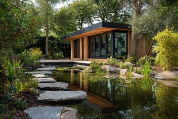 Obraz premium Modern Wooden Garden Pavilion Near Pond with Stone Path