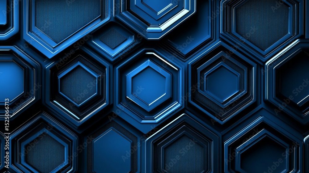 Poster Hexagonal geometric patterns in cool blue tones, layered with shadows and textures for a modern, tech-inspired graphic background